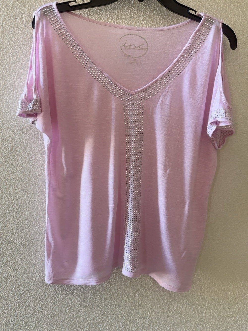 INC Pink Rhinestone Cold Shoulder Open Sleeve Top